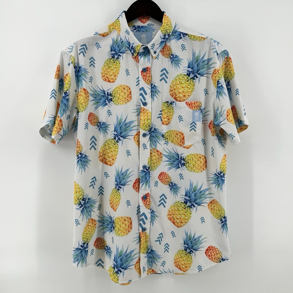 21 Pineapples Hawaiian Shirt Mens XL Pineapple Tropical Stretch Aloha Button Up